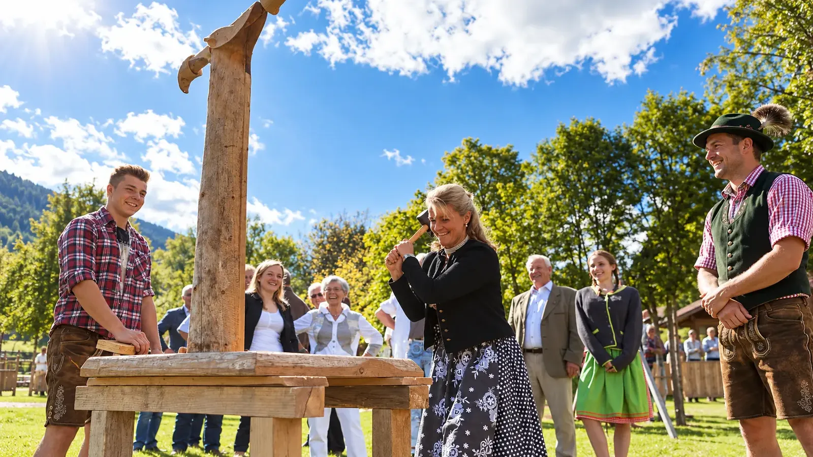 Frau in Tracht schlägt mit dem Hammer auf ein hohes Holzspiel, umgeben von Festgästen