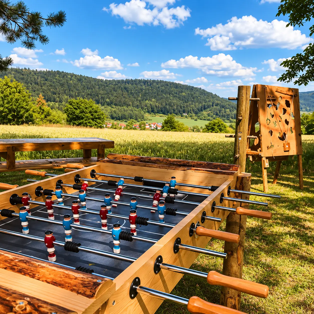 Tischkicker aus Holz im Freien vor einer Wiese mit Schwarzwaldpanorama