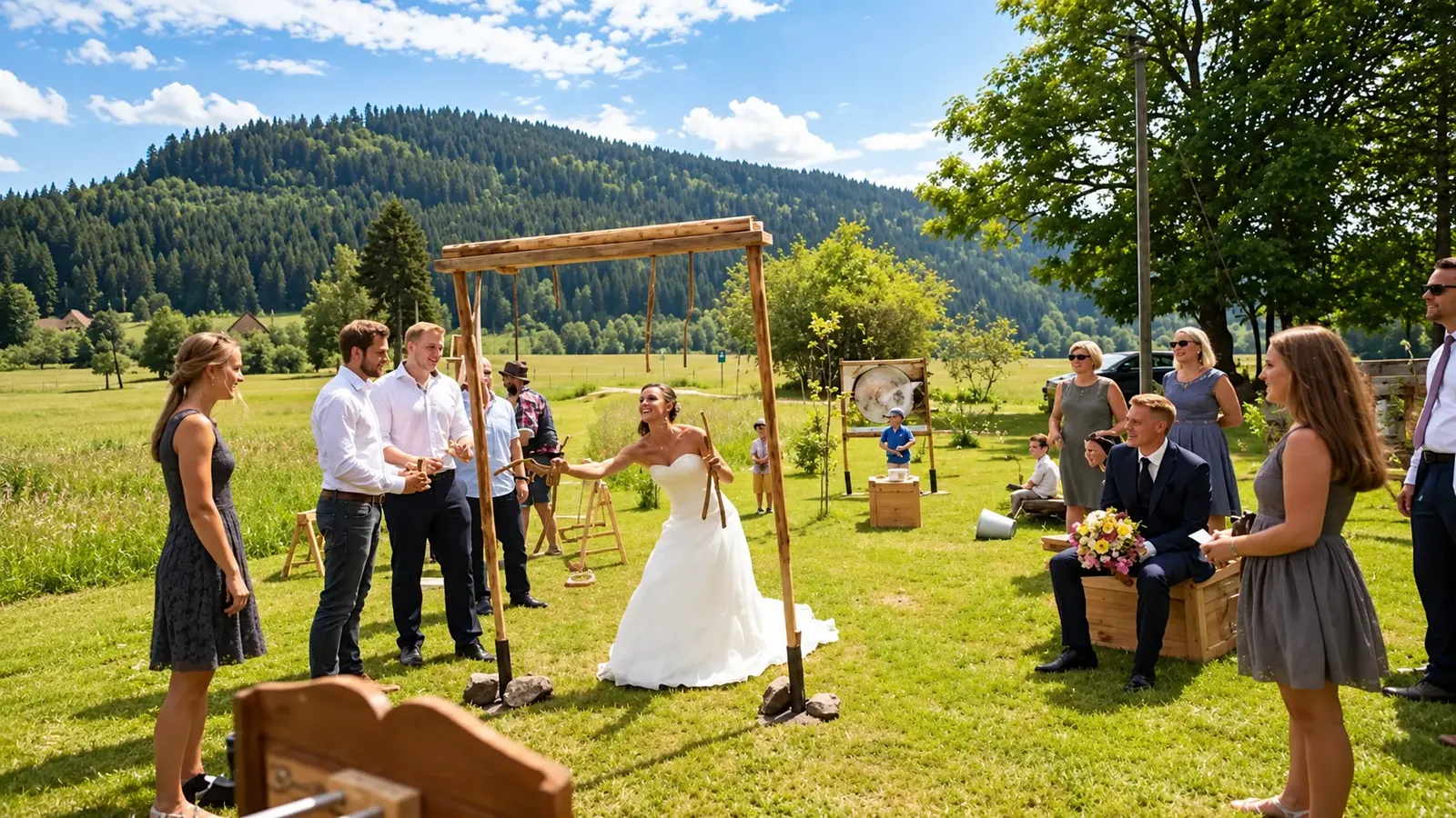 Braut spielt mit einem hölzernen Geschicklichkeitsspiel auf der Hochzeitswiese, Bräutigam schaut zu