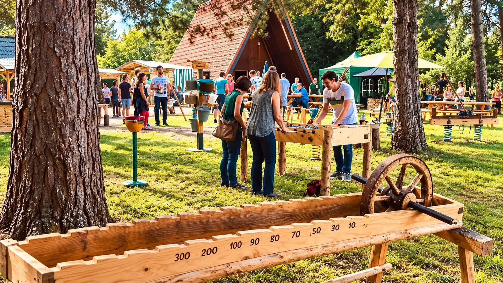 Festgelände mit Wagenraddreher und Tischkicker aus Holz zwischen Bäumen, Gäste spielen dazwischen