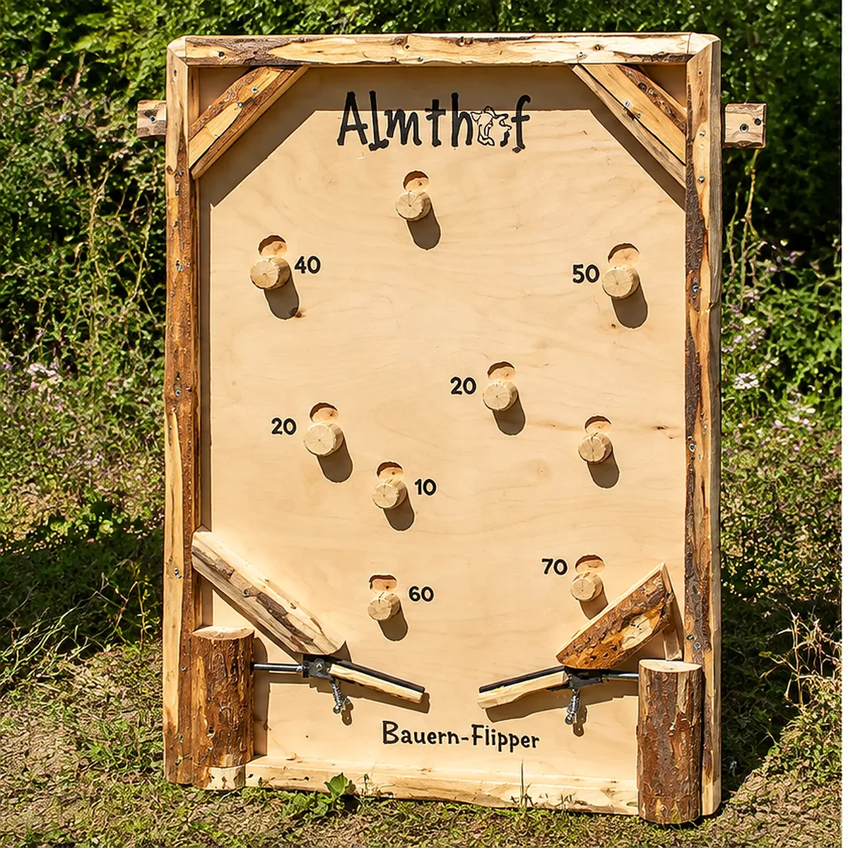 Bauern-Flipper: mechanischer Flipperautomat aus hellem Holz mit acht Holzstiften, eingefrästen Fangmulden und zwei hölzernen Flippern mit Metallfedern – Holzspiel zum Mieten im Hochschwarzwald