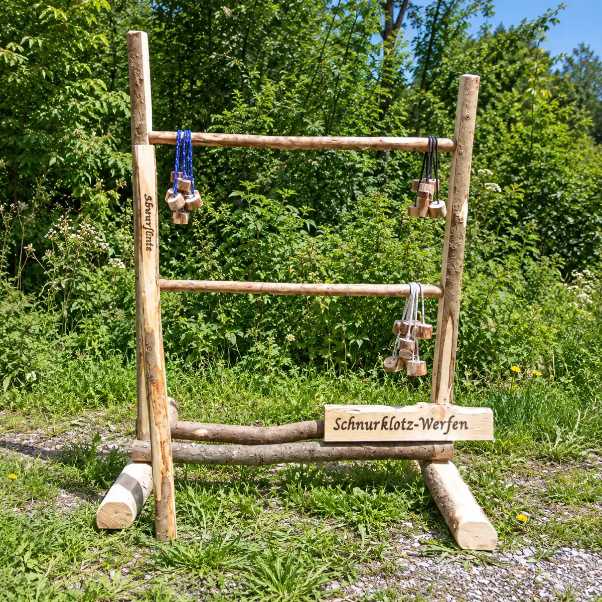 Schnurklotz-Werfen: Holzgestell mit zwei waagerechten Sprossen, daran hängende Wurfschnüre mit Holzklötzen und Holzschild „Schnurklotz-Werfen“