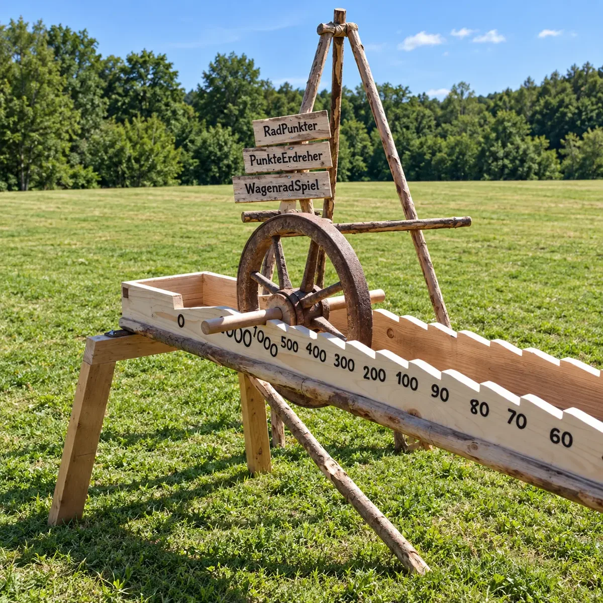 Wagenraddreher auf einer Wiese: Holzbalken mit Punktezahlen, Wagenrad und Holzgestell mit Wegweiser-Schildern
