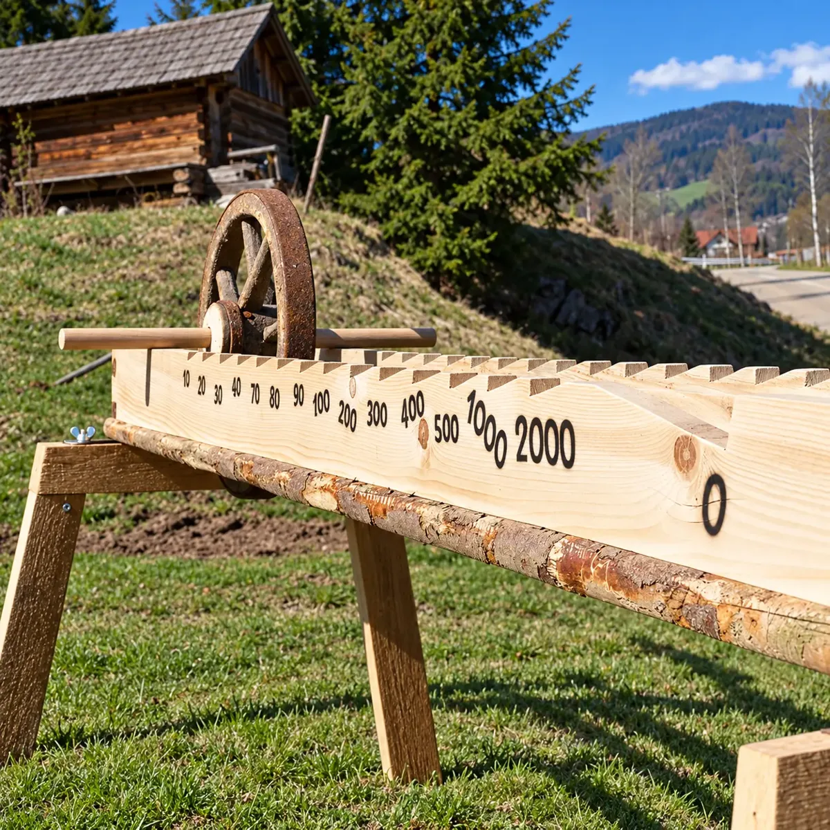 Wagenraddreher: hölzernes Wagenrad mit Griff auf einem langen Holzbalken mit Punkteskala bis 2000, auf einer Wiese im Schwarzwald – Holzspiel zum Mieten im Hochschwarzwald