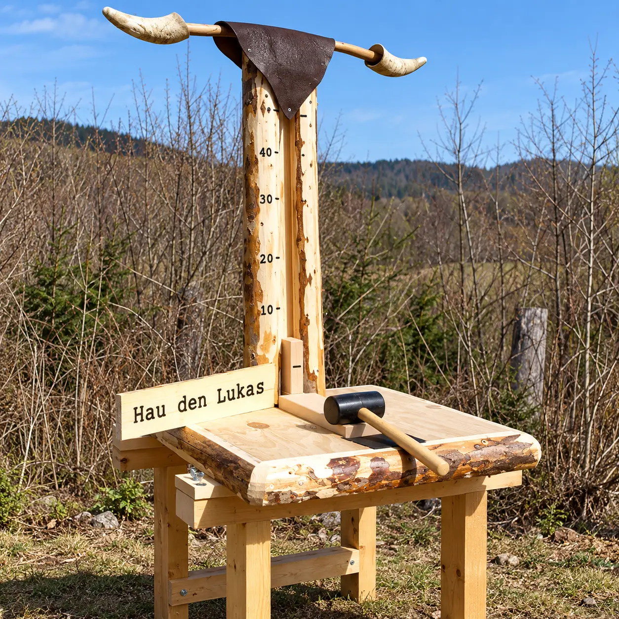 Hau die Glocke: Kraftspiel aus Naturholz mit Punkteskala bis 40, Hammer und Hörnern oben, im Freien vor Schwarzwald-Landschaft – Holzspiel zum Mieten im Hochschwarzwald