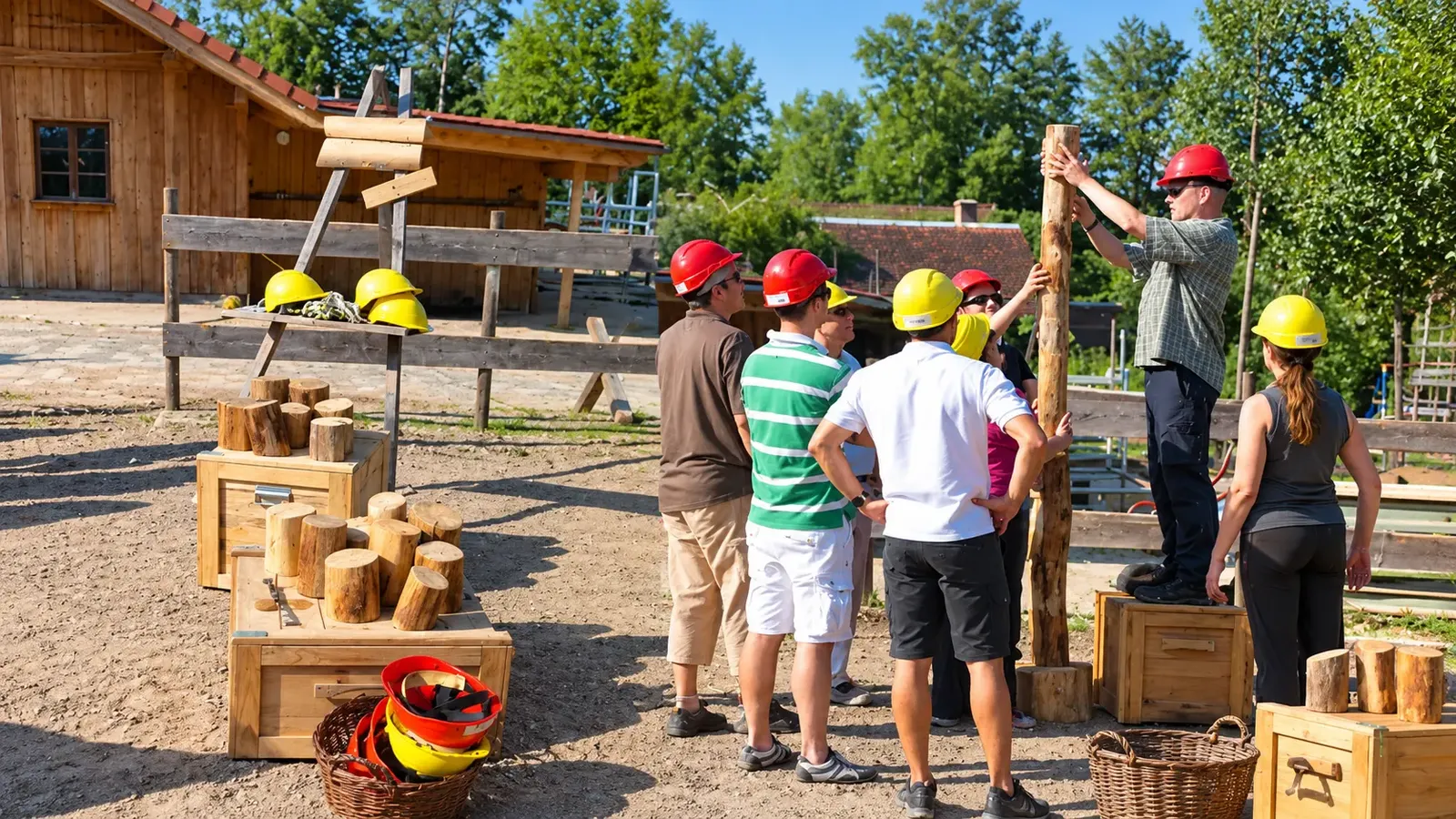 Team mit Schutzhelmen baut gemeinsam einen Turm aus Holzstämmen bei einem Firmenevent