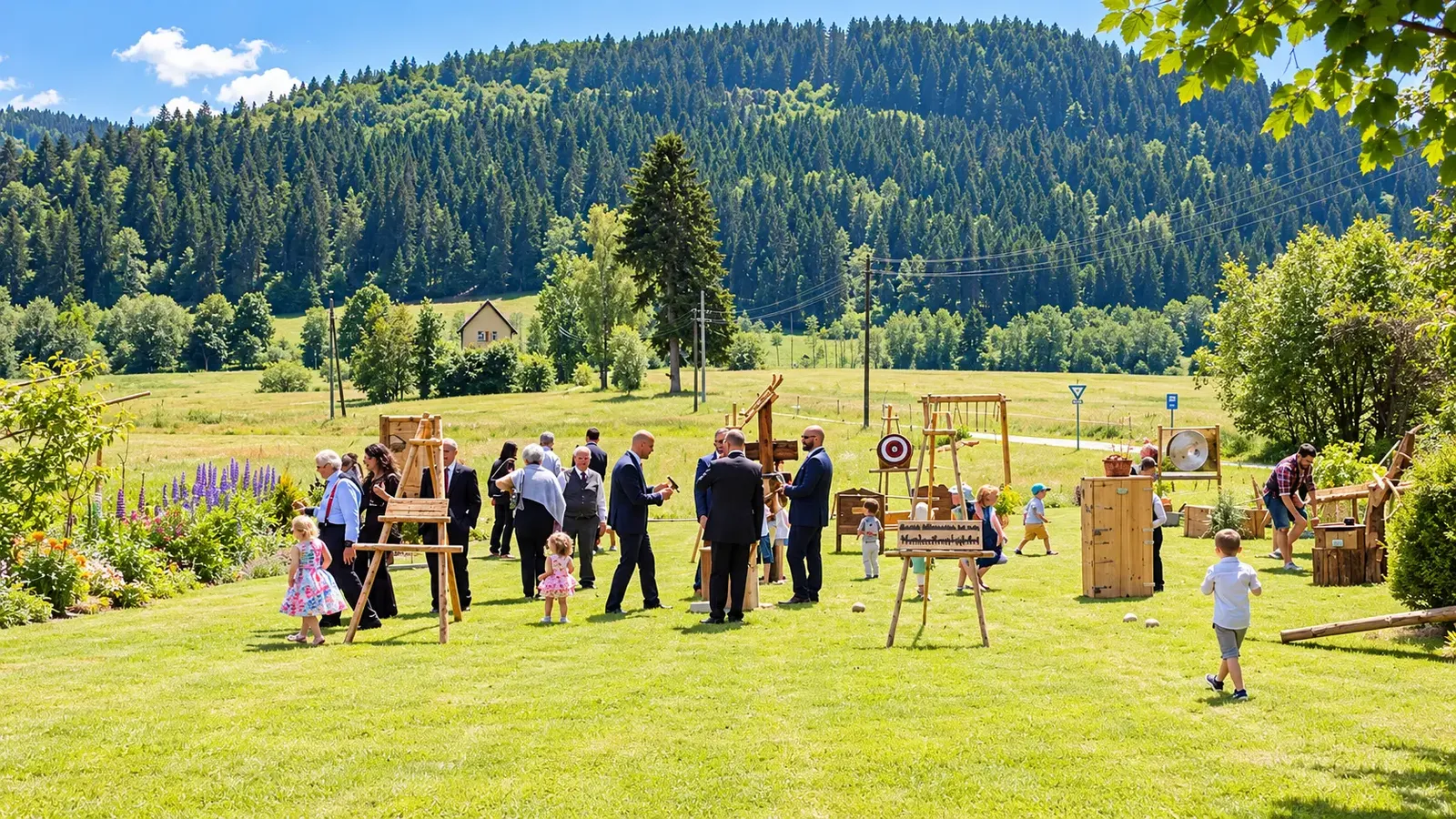 Viele Gäste einer Hochzeitsfeier verteilen sich über eine Wiese mit hölzernen Spielen und Zielscheiben