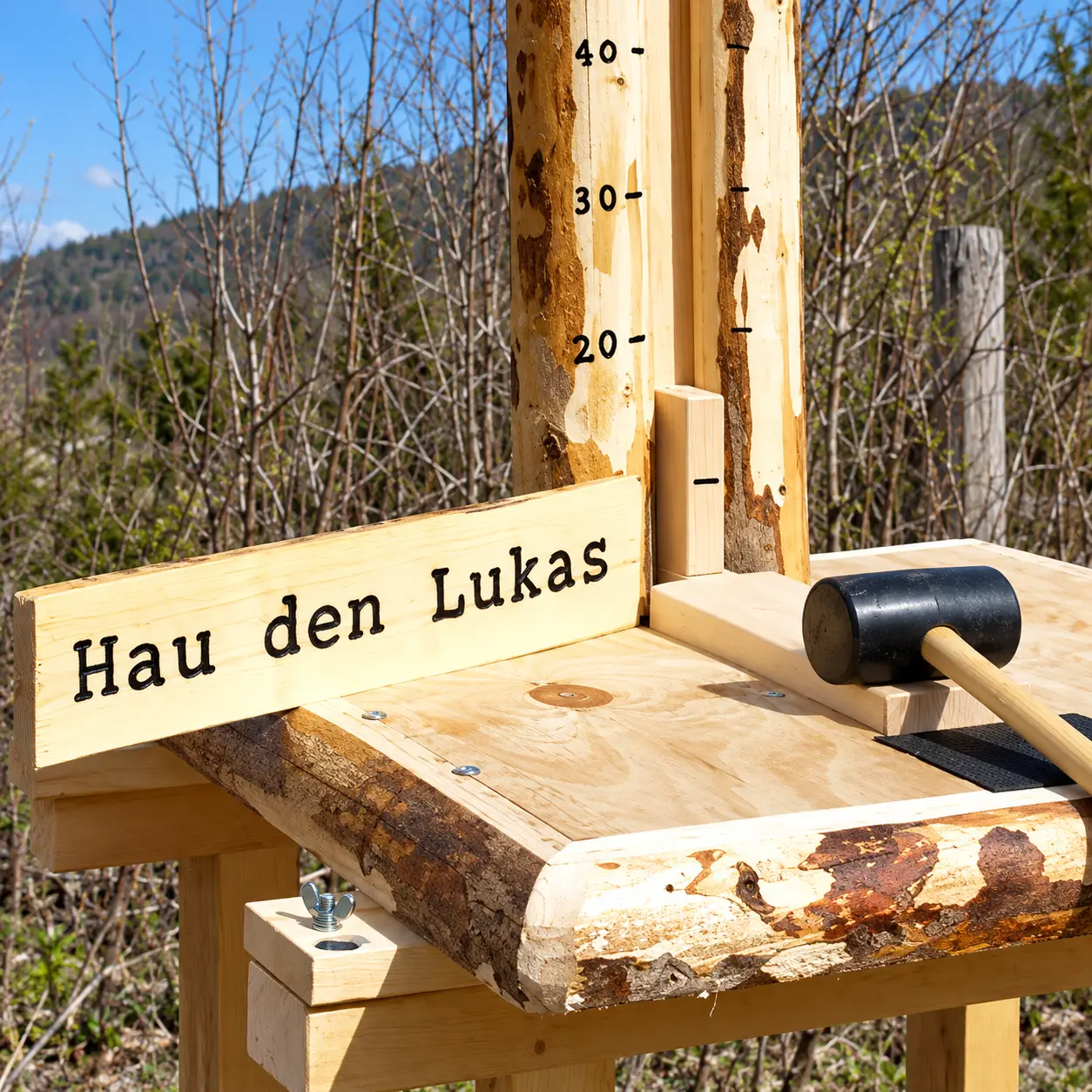Hau die Glocke im Detail: Schlagfläche mit Hammer und Punkteskala aus hellem Holz