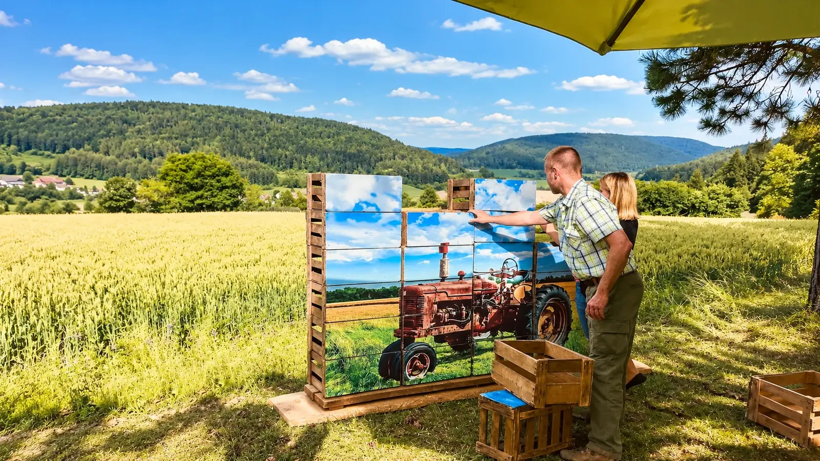 Paar löst ein großes Puzzle mit Traktor-Motiv aus Holzkisten auf einer Sommerwiese im Schwarzwald