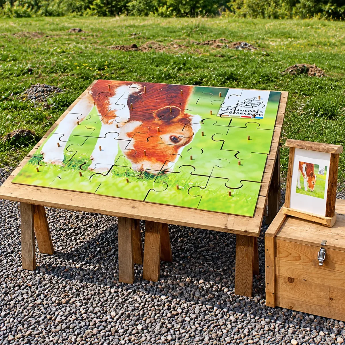 Großes Bauernpuzzle mit Kälbchen-Motiv auf einer Holzaufbaufläche mit Stellböcken, daneben Bildhalter und Holzkiste