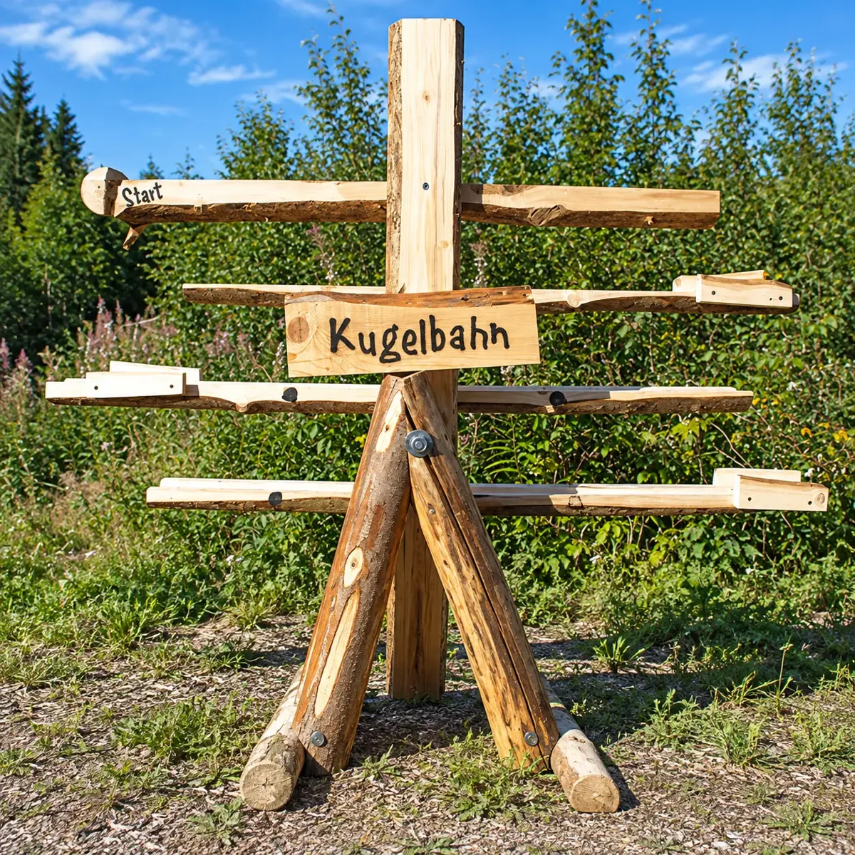 Kugelbahn aus Naturholz mit mehreren übereinanderliegenden Bahnen, „Start“-Markierung und Holzschild „Kugelbahn“ – Holzspiel zum Mieten im Hochschwarzwald